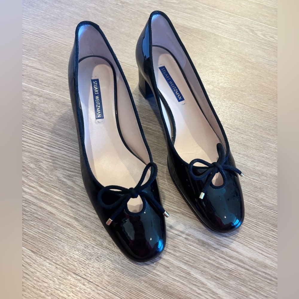 Stuart Weitzman Gabby Black Patent Leather Women's Bow block Heels